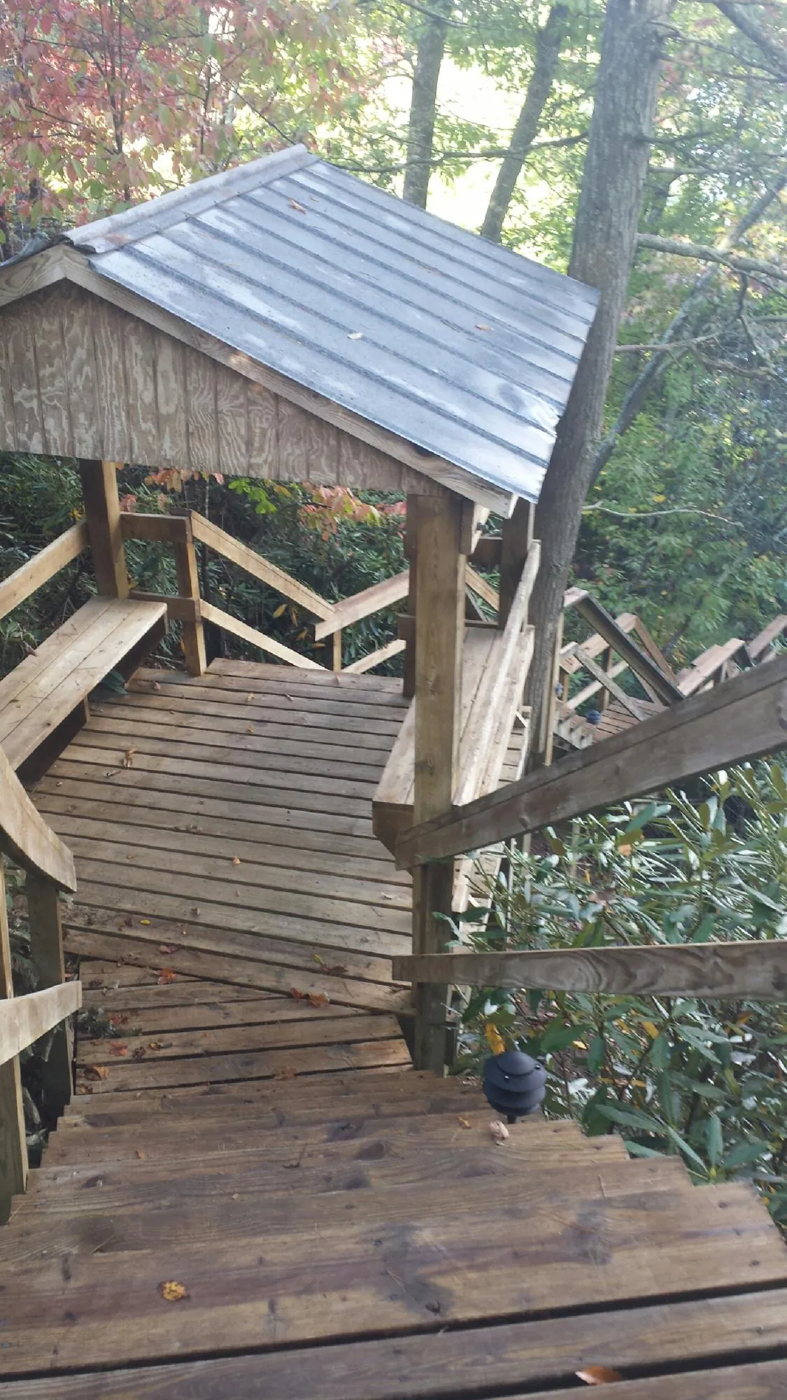 Metal roofed shelter over wooden steps on a wooded walkway — Skylight Repair & Installation work by our crew in Cedarbluff